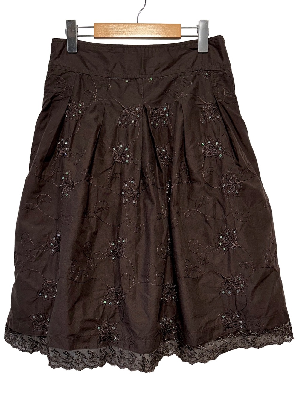 SUZY Shier Brown Embroidered Sequin Lace Hem Skirt Cottagecore Boho